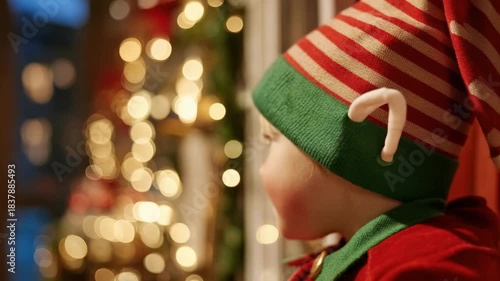 A young child dressed as an elf, wearing a red-and-green striped hat with pointy ears, gazing at festive Christmas lights.