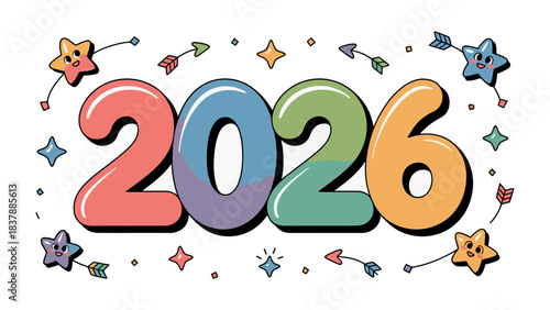 New Year 2026 Celebration: A cheerful and vibrant visual announcing the arrival of the year 2026, adorned with charming stars and arrows, symbolizing a future filled with joy and new beginnings.
