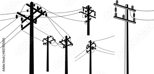 Silhouettes of Utility Poles and Overhead Power Line Configurations, Vector Set Showing Crossarms, Insulators, Wires, Electrical Distribution Structures for Technical Illustration