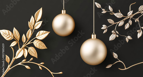 A luxurious and elegant Christmas or seasonal composition featuring two smooth, matte gold spherical ornaments hanging against a deep black background.