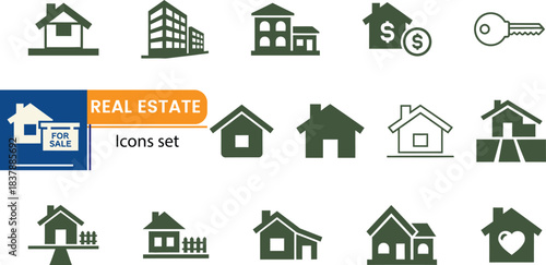 Real Estate Icons Set Green House Building Key Money For Sale home