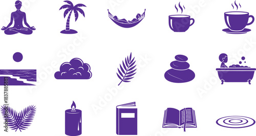 Relaxation and Wellness Icons Purple Silhouettes vector illustration