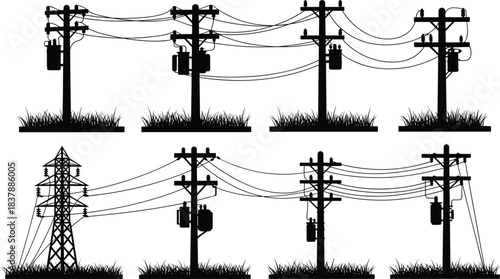 Silhouettes of Utility Poles and Transmission Towers, Electrical Distribution pe, Vector Illustration Set