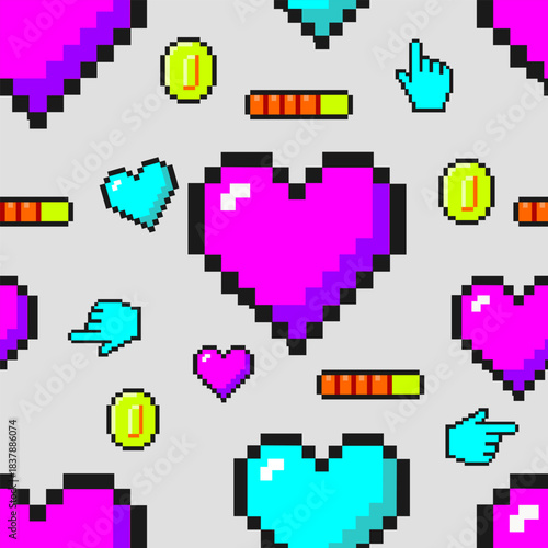 8-bit heart attack seamless pattern. Pixel art love vector flat design with retro gaming icons and glitch texture for arcade valentine backgrounds and streetwear.