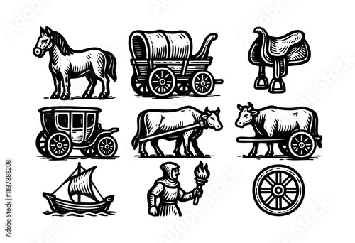Set of old transportation icons in woodcut style, featuring a horse, carriage, saddle, and more — stock vector.