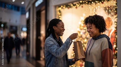 Two happy young African American women friends smiling while exchanging a gift in a shopping mall with Christmas decorations.