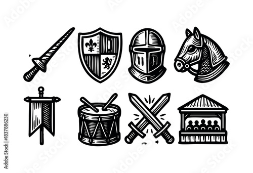 Collection of medieval symbols with heraldry, armor, weaponry, and horse in a woodcut style — stock vector.