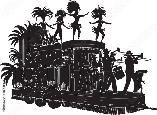 Silhouette of a vibrant parade float with dancers and musicians