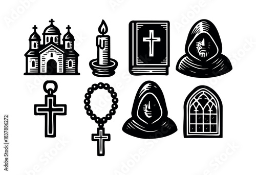 Collection of monastic-themed icons in black and white featuring church, bible, monk, cross, rosary, candle, and window — stock illustration.