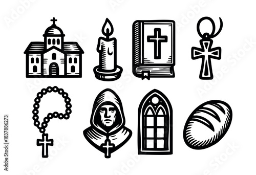 A collection of Christian symbols including a church, candle, Bible, cross, rosary, monk, window, and loaf of bread in a black and white doodle style — stock vector.