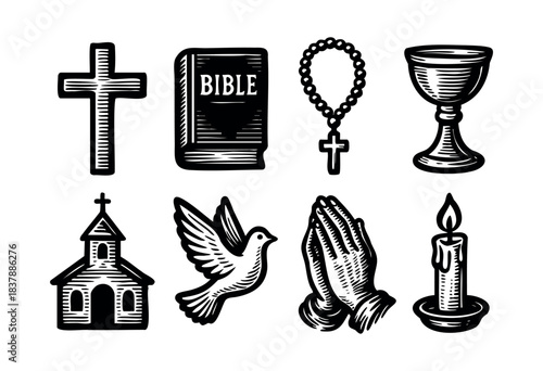 Collection of Christian symbols including a cross, bible, rosary, chalice, church, dove, praying hands, and candle in a woodcut style — stock illustration.
