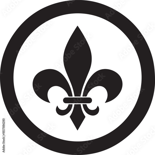 Black fleur de lis symbol inside a circle on white background