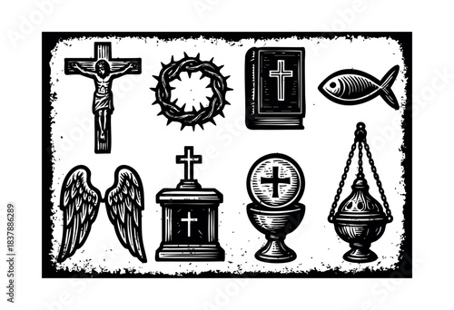 Collection of christian symbols in black and white woodcut style, including cross, crown of thorns, bible, fish, wings, tomb, chalice, and censer — stock vector.