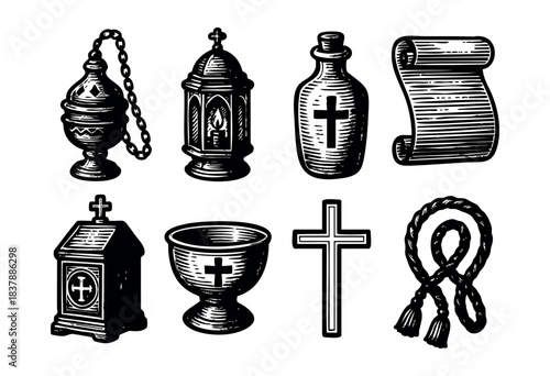 A collection of Christian symbols in a vintage woodcut style, including a censer, lantern, oil bottle, scroll, tabernacle, chalice, cross, and rope — stock illustration.