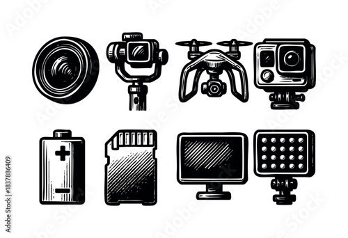 Set of various black and white doodle-style photography and videography accessories isolated on white — stock illustration.