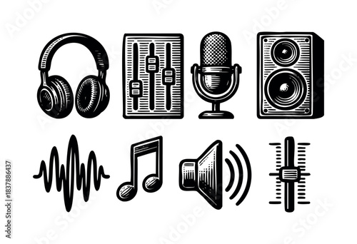 A set of various audio equipment icons in a woodcut style is displayed — stock illustration.