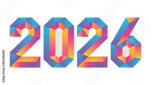 Vision of 2026: A modern representation of the year 2026 using geometric patterns, vivid colors, and a clean style. A forward-thinking concept suitable for a variety of designs.
