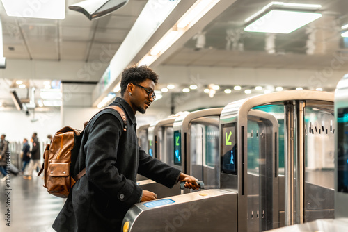 Foto Young man using public transportation turnstile commuter travel