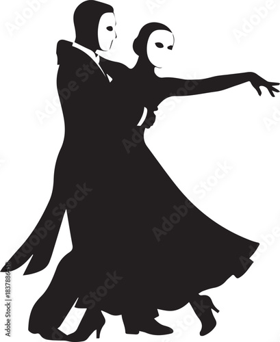 Silhouetted couple dancing in masks