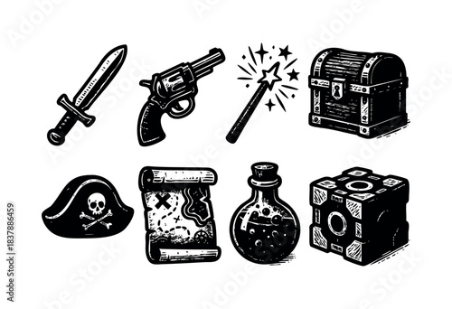 A collection of pirate and magical themed icons in black and white, including a sword, pistol, wand, treasure chest, pirate hat, map, potion, and cube — stock vector.