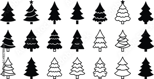 Stylized Christmas tree icon set, 20 unique vector designs, minimalist silhouettes and playful ornaments, holiday symbols for web, print, branding, seasonal projects