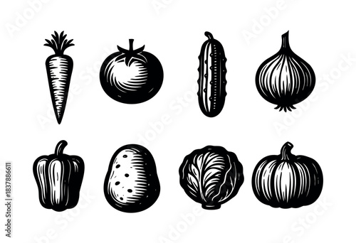 A set of black and white vector icons of fresh vegetables including carrot, tomato, cucumber, onion, bell pepper, potato, cabbage, and pumpkin — stock vector.