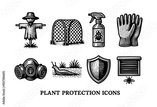 Set of vector icons representing plant protection and pest control elements in a vintage woodcut style — stock vector.