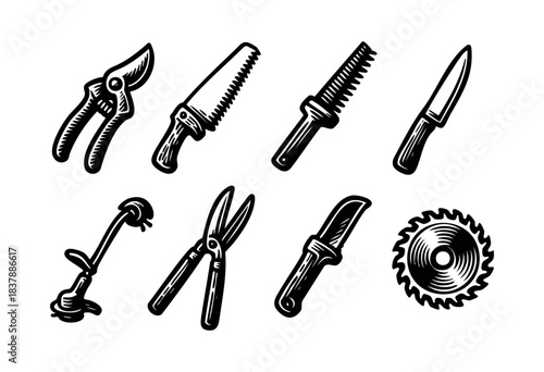 A collection of woodcut-style hand tools, including saws, shears, and blades, isolated on a white background — stock vector.