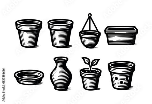 A collection of various black and white pots, a hanging basket, and a seedling, all in a woodcut style — stock vector.