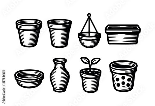 A collection of hand-drawn style pots and planters for indoor or outdoor gardening, in black and white — stock vector.