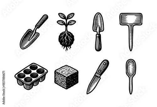 A monochrome vector showcases an assortment of gardening tools and planting supplies in a classic woodcut style — stock vector.