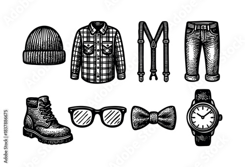 A set of stylish hipster-themed clothing and accessories, including a beanie, plaid shirt, suspenders, jeans, boots, glasses, bow tie, and watch — stock vector.