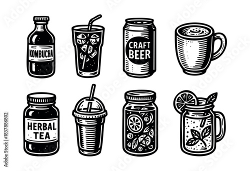 Hand-drawn assorted drinks including kombucha, iced tea, craft beer, coffee, herbal tea, and refreshing cocktails are displayed in black and white — stock vector.