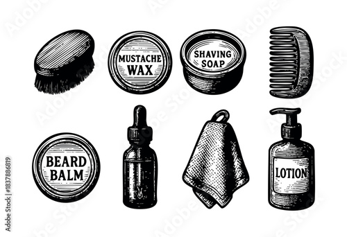 A collection of vintage-style men's grooming products including beard balm, mustache wax, shaving soap, and lotion are depicted in a detailed engraving style — stock illustration.