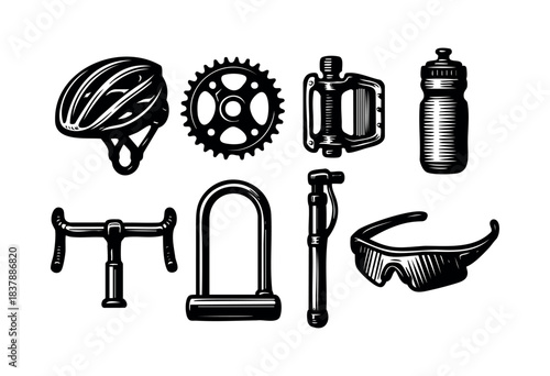 Set of various bicycle equipment shown in monochrome illustration — stock vector.