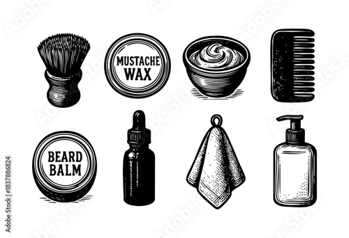 Set of barber shop and grooming accessories in vintage monochrome style, including a brush, wax, balm, oil, towel and more — stock vector.