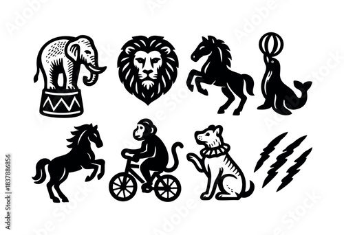 A set of circus animal icons in black and white, including an elephant, lion, horse, monkey, seal, and dog — stock vector.
