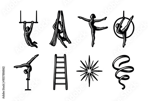Collection of vintage circus and aerial silks performers in different poses isolated on a white background — stock vector.