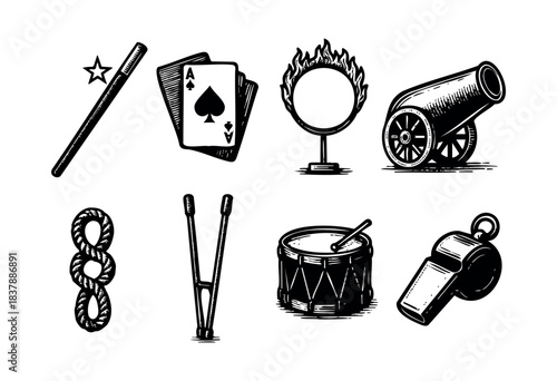 Monochrome set of vintage circus performance and trick elements isolated on a white background — stock vector.