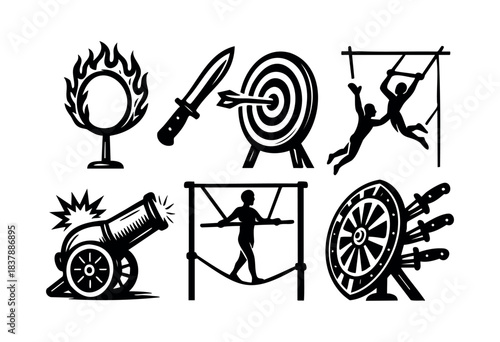 A set of circus skill icons featuring a fire ring, knife throwing, trapeze artists, cannon, tightrope walker, and knife wheel in black silhouette — stock vector.