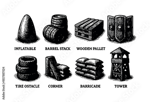 A collection of obstacle course elements including an inflatable, barrel stack, wooden pallet, shields, tire obstacle, corner, barricade and tower in a vintage engraving style — stock illustration.