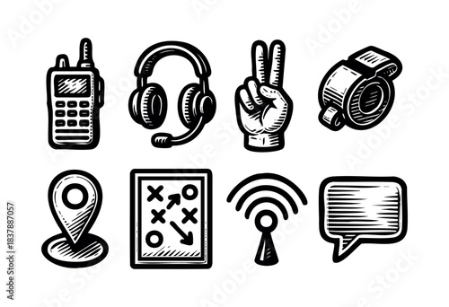 Set of hand-drawn style icons representing paintball communication equipment and tactics — stock illustration.