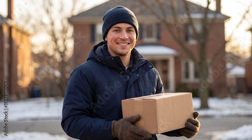 Portrait of a happy delivery worker holding a cardboard box outside a residential home during a sunny winter afternoon.