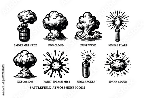 Collection of black and white battlefield atmosphere icons including smoke grenade, fog cloud, dust wave, signal flare, explosion, paint splash mist, firecracker and spark cloud — stock illustration.