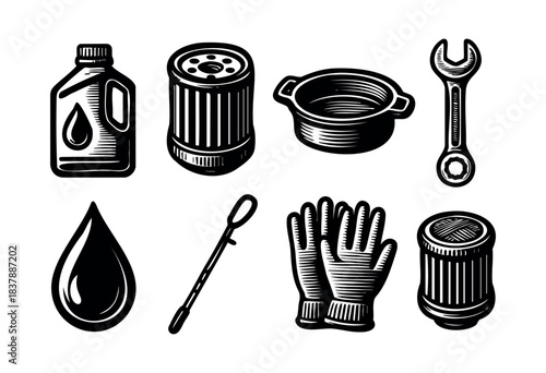 A collection of black and white illustrations depicting oil change equipment including oil, filter, drain pan, wrench, gloves, dipstick, and plug — stock vector.