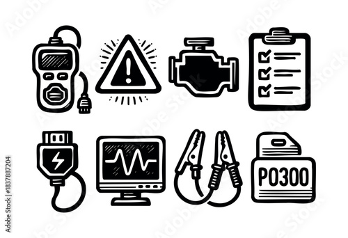 Hand-drawn doodle icons for vehicle diagnostics, including a check engine light, scan tool, and engine schematic — stock vector.