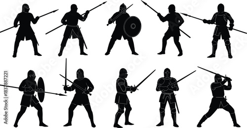 Set of Ten Medieval Warriors Silhouettes in Armor Holding Swords, Spears, and Shields, Fighting Battle Poses Flat Vector Illustration, cad drawing flat vector illustration