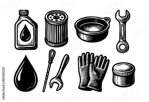 A collection of black and white illustrations depicting oil change equipment including oil, filter, drain pan, wrench, gloves, dipstick, and plug — stock vector.