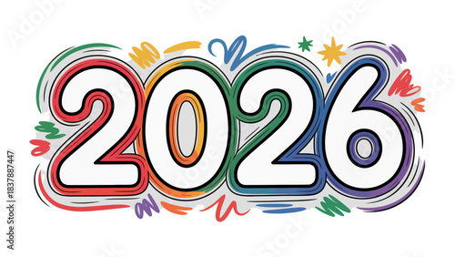 Vibrant New Year: A vibrant graphic design that boldly announces the arrival of the year 2026. The number 2026 takes center stage, and is complemented by abstract swirls and bursts of color.
