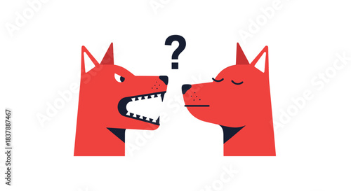 A minimalist graphic of two red dogs with one barking aggressively and the other remaining calm under a question mark symbolizing conflict.